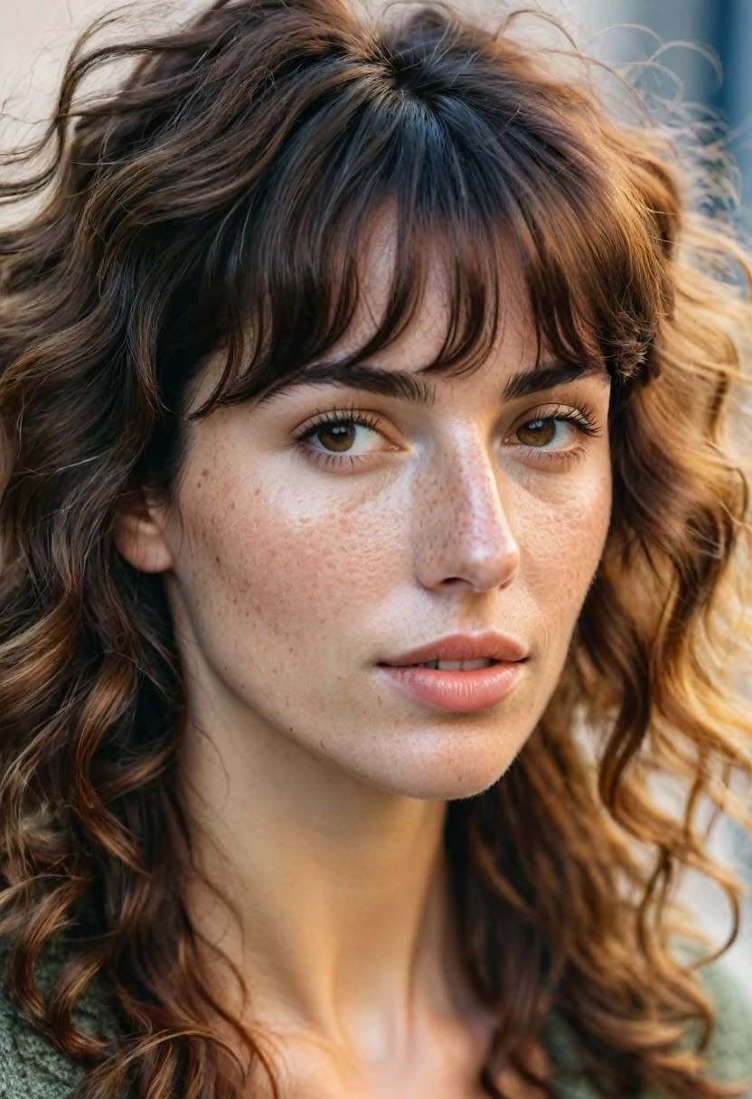Portrait of Roberta Gemma, italian woman, 30 years old, face highly detailed, natural skin with light freckles, light make-up, Curly Shag with Bangs hair, kiss with mouth.