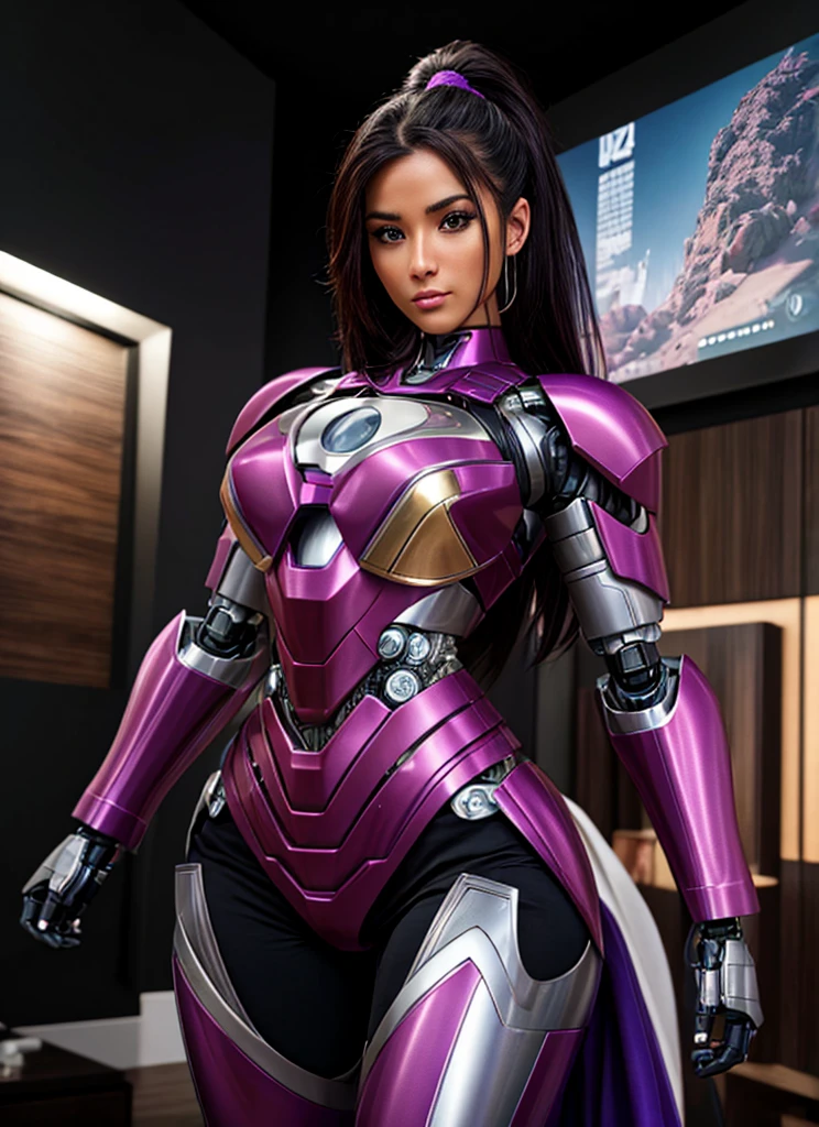 texturized skin, super detaill, High details, high qualiy, best qualityer, high resolution, 1080P, Hard disk, comely,(iron girl),beautiful cyborg woman,Kizi, Mecha,Battle Mode,Kizi ,She uses a purple Iron Man mecha,full body shot shot, completely purple armor, hyper realist 