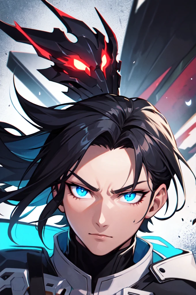 Anime Reality, detailed anime, anime styling, super verbose, high details, masterpiece, high quality, high resolution, 1man, anime male, intense face, black hair, black haired anime man, spiky hair, anime hair, glowing eyes, blue glowing eyes, blue eyes, dark skin, half covered mask, covering lower face, red mask, red face mask, action pose, lightning background, lightning aura, holding sword, bloody sword, looking at viewer, close shot, portrait,