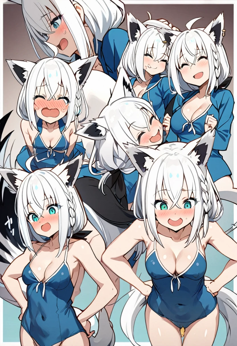 One Girl、One Scene、one-shot、Shirakami Fubuki、White Hair、Animal ears、look down、Looking down、smile、嘲smileスク水、Tiny swimsuit、Cleavage、Digging into the crotch、Sexy pose、Sexy pose、Nasty way of laughing、Excited、Heavy breathing、tail、Hands on hips