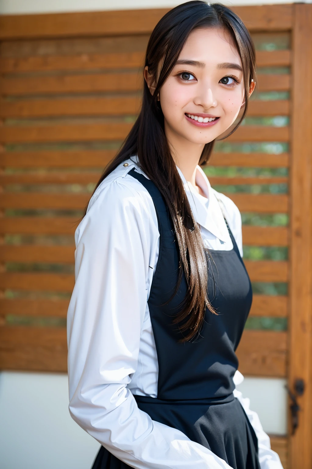 (((upper body shot))),Ultra-high resolution,big eyes,((brown eyes)),Japanese,(forehead),(a girl),(1 girl),((18-year-old)),cute,pretty,((facing at viewer)),arms behind back,grin,(((black uniform)))