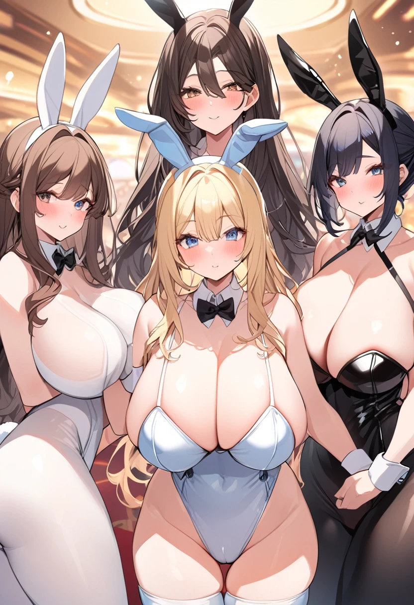 Bust Chart、Inner thighs、(Three Girls、3girls),blonde、Black Hair、Brown Hair、Bunny girl、White rabbit ears、Wrist cuff、Huge breasts:1.5、Saggy breasts:1.5、Long chest:1.3、Saggy breasts:1.5、Everyone please line up facing forward、(Mature Woman、Mature Woman:1.3)、casino、casinoルーム、casinoテーブル、White bunny suit、Black bunny suit、Light blue bunny suit