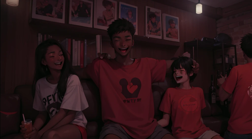 A group of 16-year-olds with t-shirts, there are teenage women and men, they are happy, singing and laughing at a party, they are sitting on a sofa enjoying drinks and food.