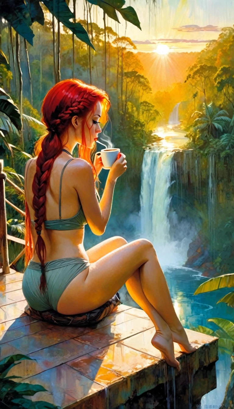 sexy girl, braided red hair, in panties, sitting on a terrace overlooking a big jungle and a waterfall, drinking coffee, sunrise, lake, big landscape (art inspired by Bill Sienkiewicz). oil painting)