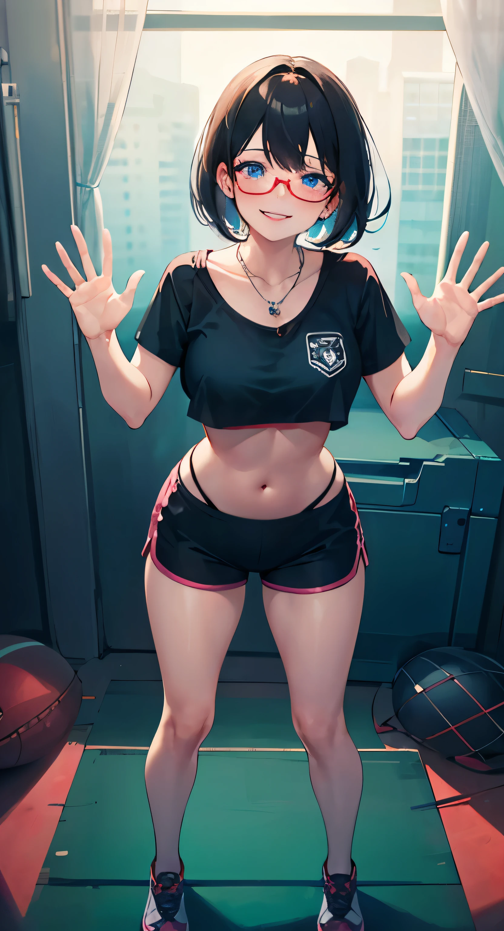 1girl, masterpiece, best quality, ultra detail, short straight black hair, pink lips, blue eyes, smiling, red cheek, looking at viewer, young, necklace, medium breasts, glasses, 5 fingers, demin shorts, standing, sports bra