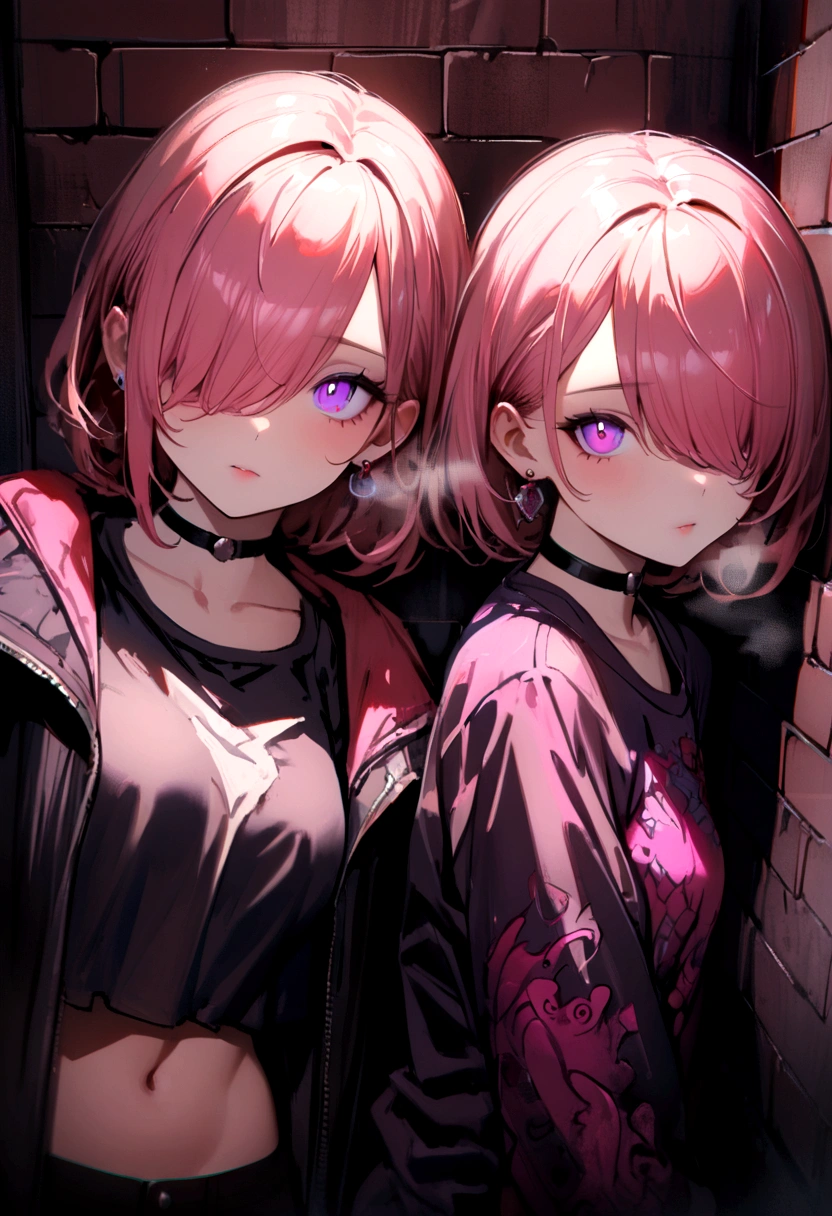 (Masterpiece, Best Quality, 1 girl, Alone, intricate details, chromatic aberration), realist, ((medium breath)),wide, pink hair, red head ornament, pink highlights, hair over one eye,purple eyes, earrings, sharp eyes, choker, neon shirt, open jacket, crop top, (symmetry eyes),(Perfect symmetrical body),against the wall, brick wall, graffiti, dim lighting, alley ,look at the viewer