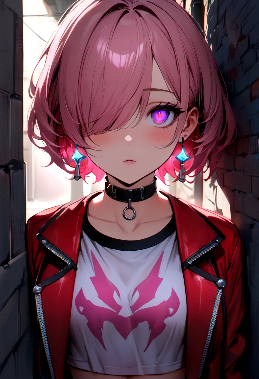 (Masterpiece, Best Quality, 1 girl, Alone, intricate details, chromatic aberration), realist, ((medium breath)),wide, pink hair, red head ornament, pink highlights, hair over one eye,purple eyes, earrings, sharp eyes, choker, neon shirt, open jacket, crop top, (symmetry eyes),(Perfect symmetrical body),against the wall, brick wall, graffiti, dim lighting, alley ,look at the viewer
