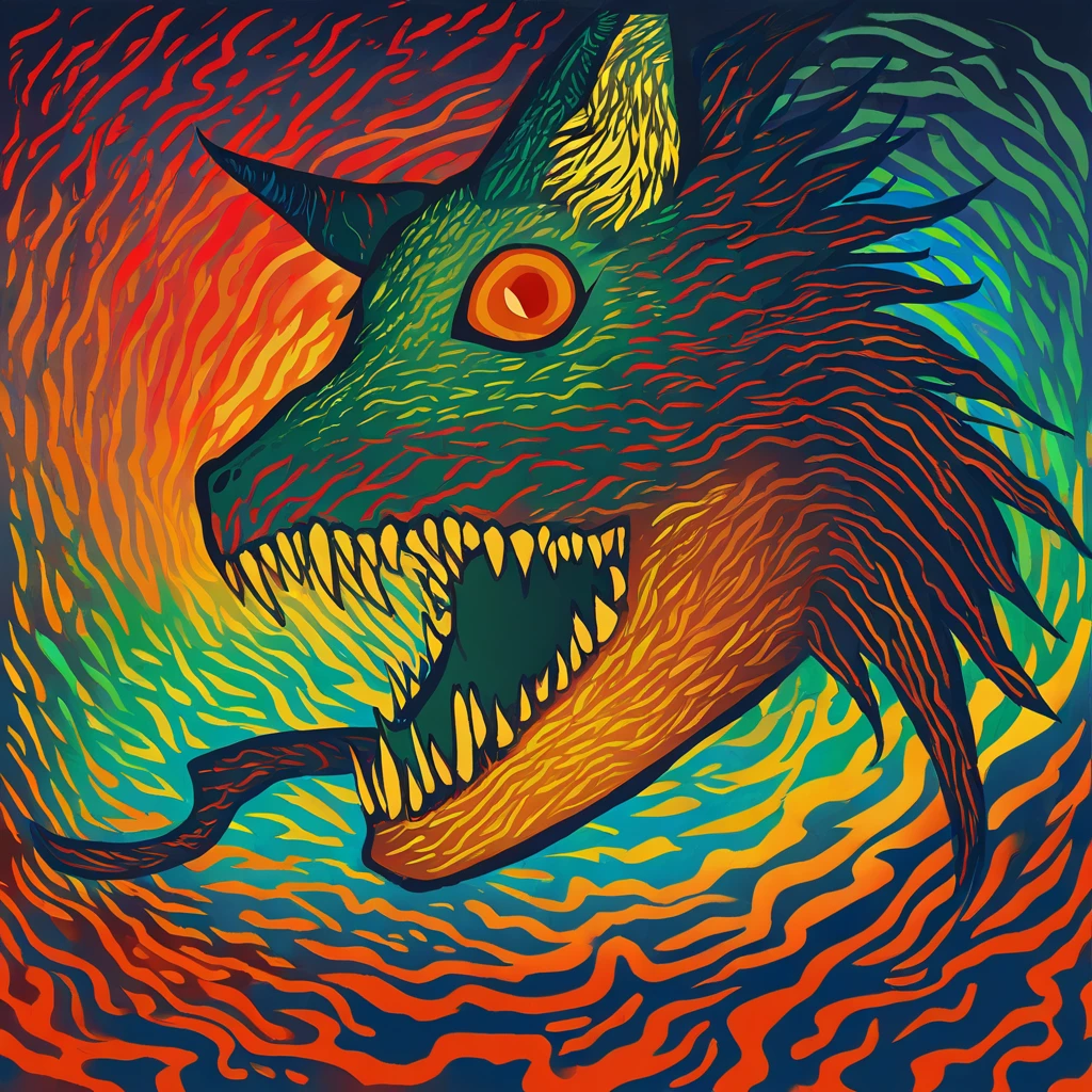 Brachio  with green dull-green orange blue yellow and red color palette with background in nightmare fuel art style