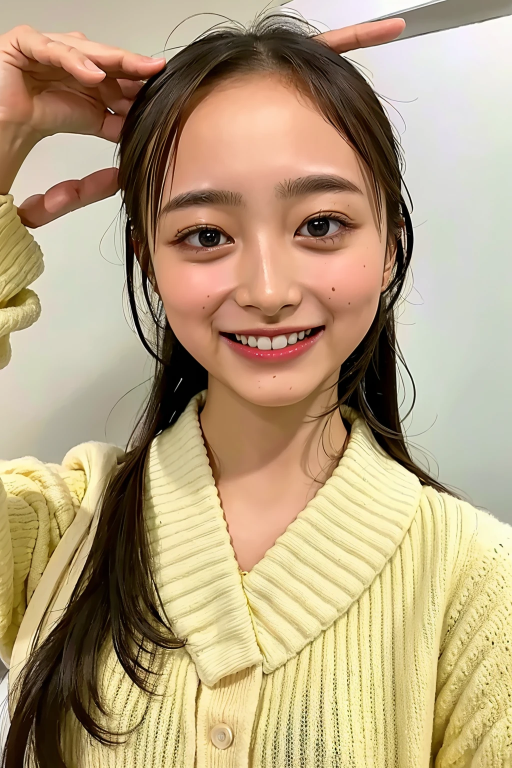 (((upper body shot))),Ultra-high resolution,big eyes,(brown eyes),Japanese,(forehead),(a girl),(1 girl),((18-year-old)),cute,pretty,((facing at viewer)),grin,(((white uniform)))