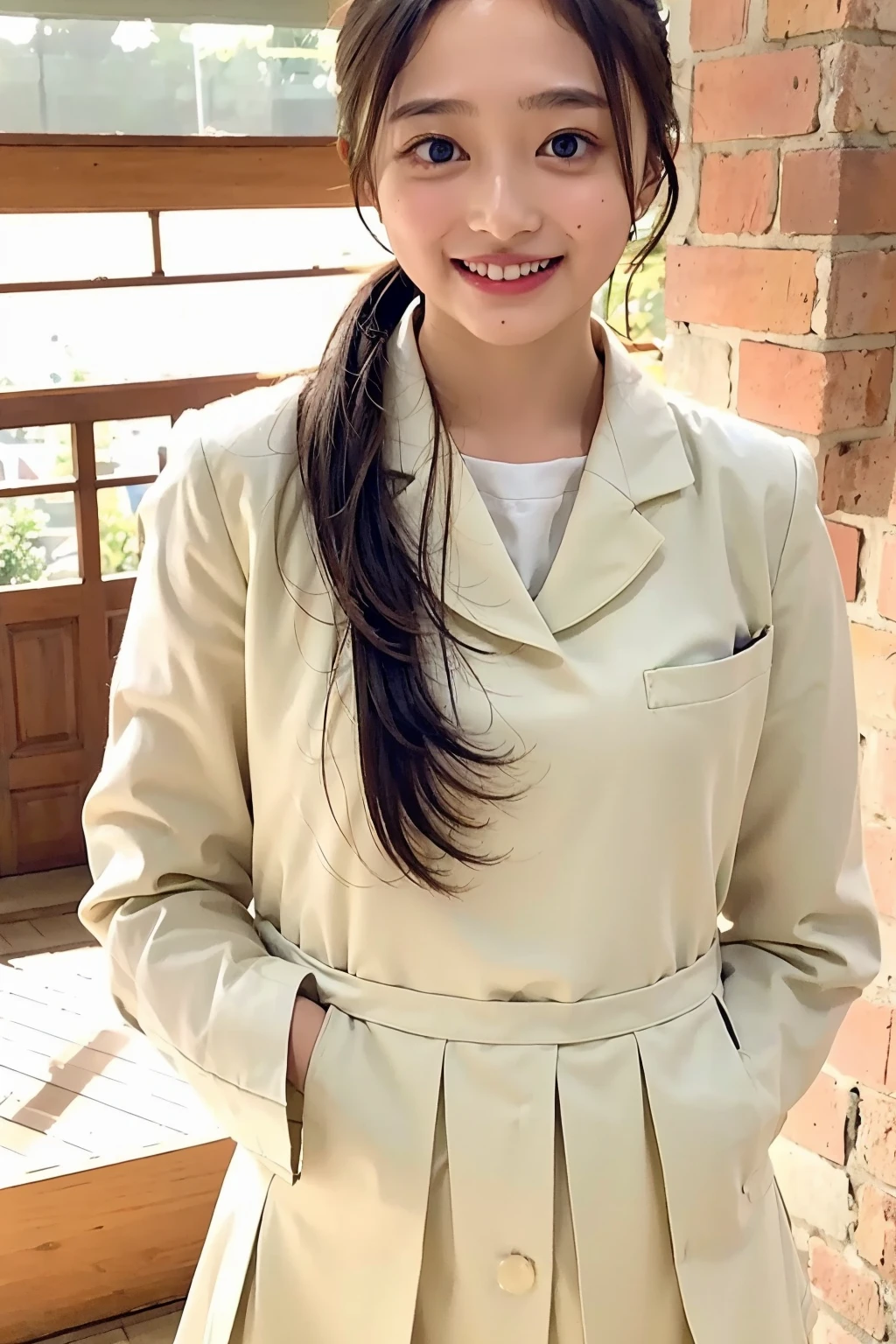(((upper body shot))),Ultra-high resolution,big eyes,(brown eyes),Japanese,(forehead),(a girl),(1 girl),((18-year-old)),cute,pretty,((facing at viewer)),grin,(((white uniform)))