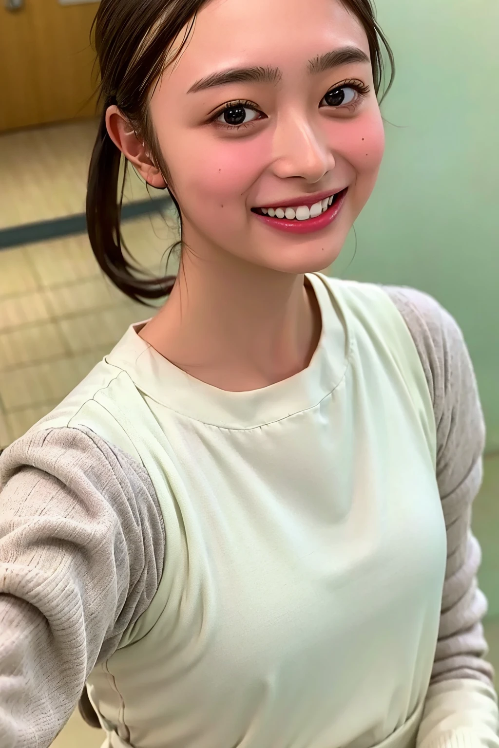 (((upper body shot))),Ultra-high resolution,big eyes,(brown eyes),Japanese,(forehead),(a girl),(1 girl),((18-year-old)),cute,pretty,((facing at viewer)),grin,(((white uniform)))