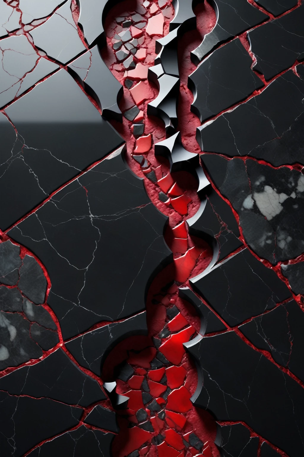 a beautiful abstract image of fractured black marble with red ruby shards embedded in between the cracks, highly detailed, intricate design, marble material, BY Anne Bachelier,