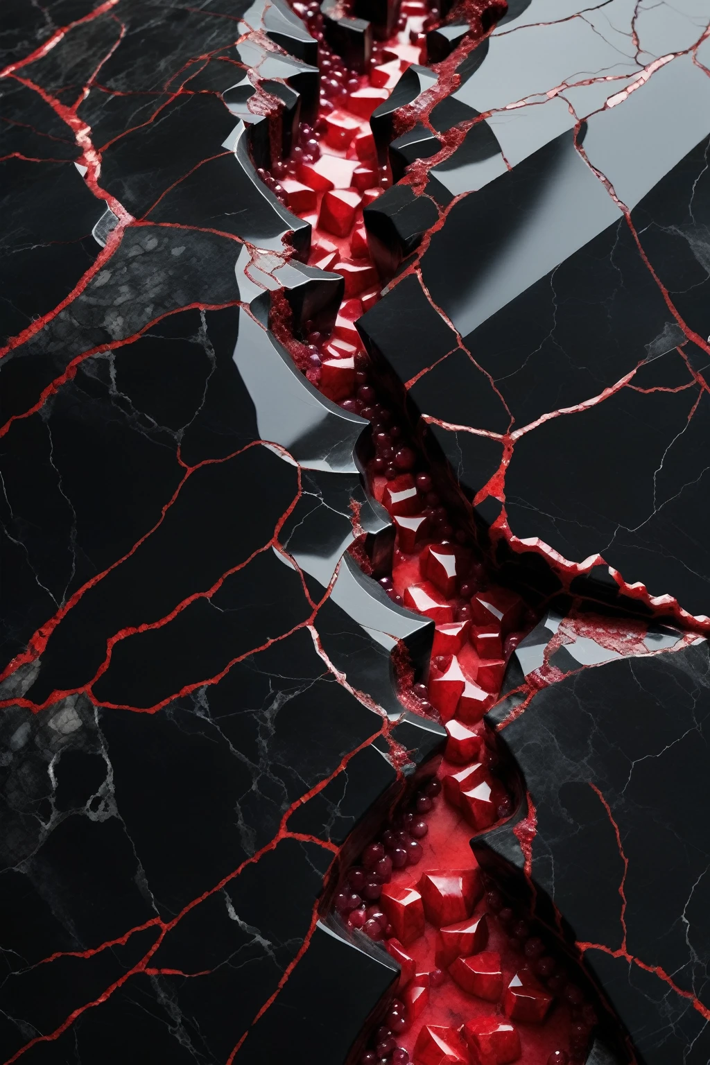a beautiful abstract image of fractured black marble with red ruby shards embedded in between the cracks, highly detailed, intricate design, marble material, BY Anne Bachelier,