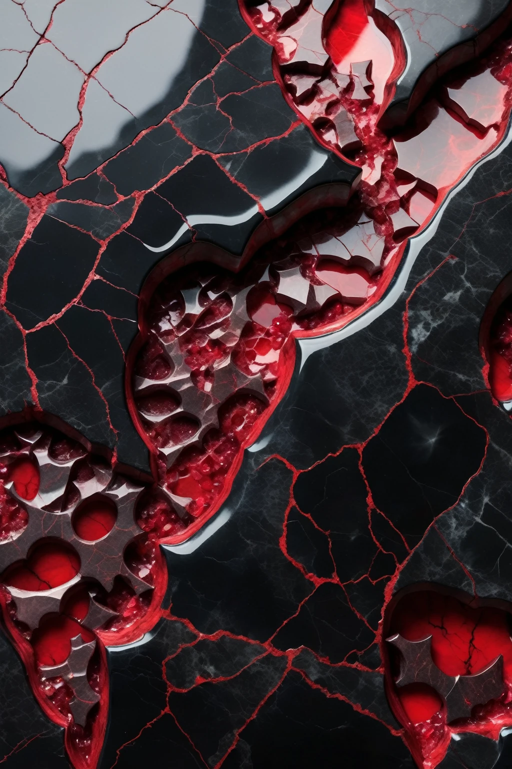 a beautiful abstract image of fractured black marble with red ruby shards embedded in between the cracks, highly detailed, intricate design, marble material, BY Anne Bachelier,