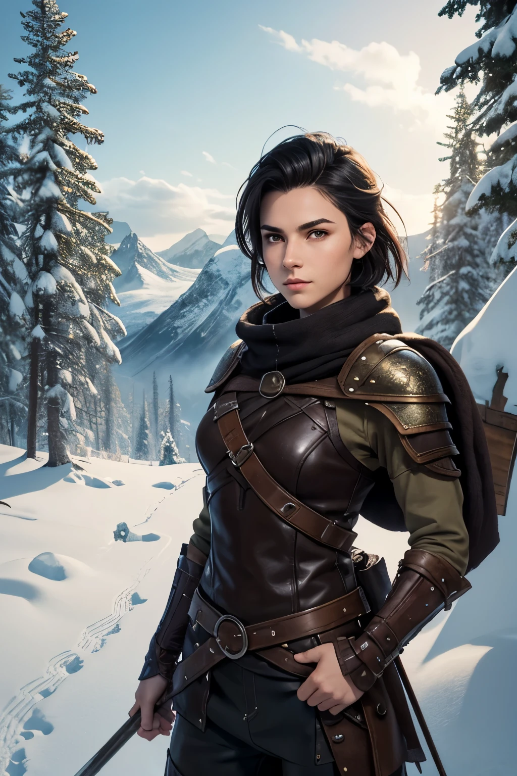 A happy young woman with an undercut in a fantasy setting. An adventurer and a ranger. Very androgynous looking. In a good mood. Sympathic. Tomboyish. Androgynous. Slim body. Very . Very small breasts. Wide hips. Thick legs. Face: Extremly pale skin with liverspots and freckles. Soft narrow face with a round chin. Soft small jaw. Big forehead. Very thin barely visible eyebrows. Upturned big dark-brown eyes. Dark-brown eyecolour. Very long and wide nose. Big curved lips. Very short dark-brown hair. A boyish short haircut. Undercut. Sides shaved. A tight leather armor of a lonley adventurer and ranger. Background: Winter landscape. Huge Mountains. Nordic landscape. Snow. Viking setting.
