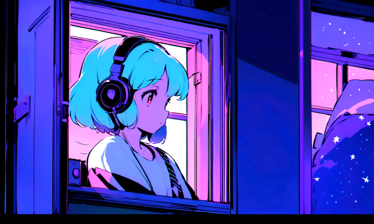 Lo-fi girl, listening to music, in her room looking out the window, gazing at the stars.