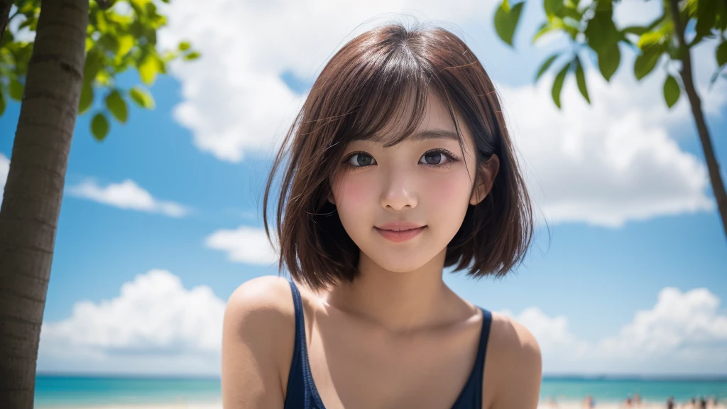 (1 Girl )、(Beautiful Japanese、18years old,round face、Refreshing、clear、seems kind、stylish、Pitiful、cute like an angel、cute、black eyes、(Single eyelid:1.3)、Beautiful skin), {(Japan human face:1.4),(General facial features)} , (((Beautiful breasts:0.4))),(((soft breasts))),(very cute),(short hair),(enchanting eyes),(highlight on eyes:1.2)、(8K、Live shooting、highest quality、masterpiece:1.2、optimal lighting)、((masterpiece)),(Photo taken by a professional photographer),(real、photo real:1.4),BREAK,{夏らしいかわいいワンピース},(cheeks are red:1.3), BREAK, BREAK,Face shot:1.3、 face close-up,Looking at viewer,Smile:1.4、Japan、Summer、from above、beach,Blue sky, cumulonimbus clouds,(((1970s vibe)))、Hands clasped behind back,dynamic angle