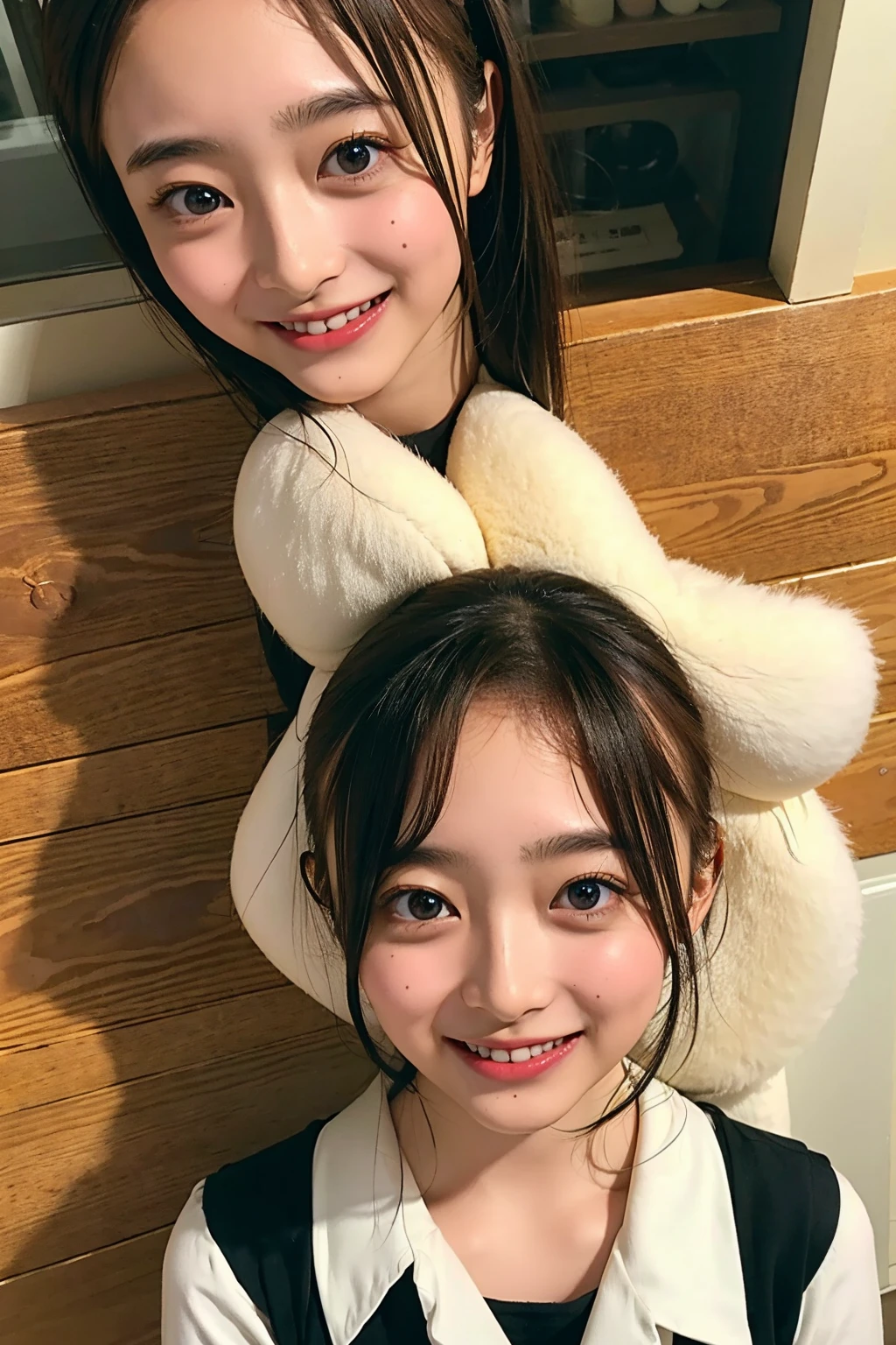 (((upper body shot))),Ultra-high resolution,big eyes,((brown eyes)),Japanese,(forehead),(a girl),(1 girl),((17 years old)),(cute),pretty,((facing at viewer)),arms behind back,grin,(((black clothes)))