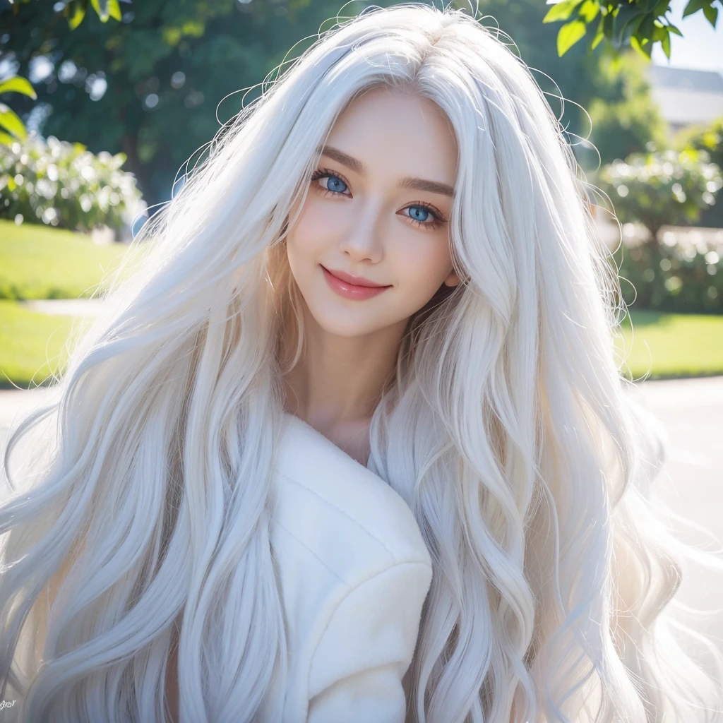 1 woman, White long curly hair，Natural and beautiful hair, clean and beautiful. White hair. Close lips. Blue natural eyes. Smile, happy. 