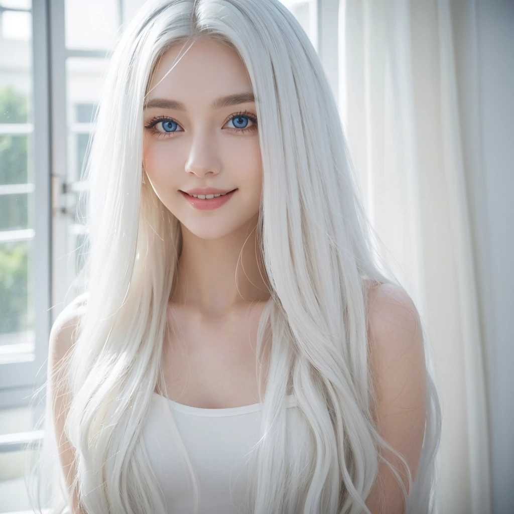 1 woman, White long curly hair，Natural and beautiful hair, clean and beautiful. White hair. Close lips. Blue natural eyes. Smile, happy. 