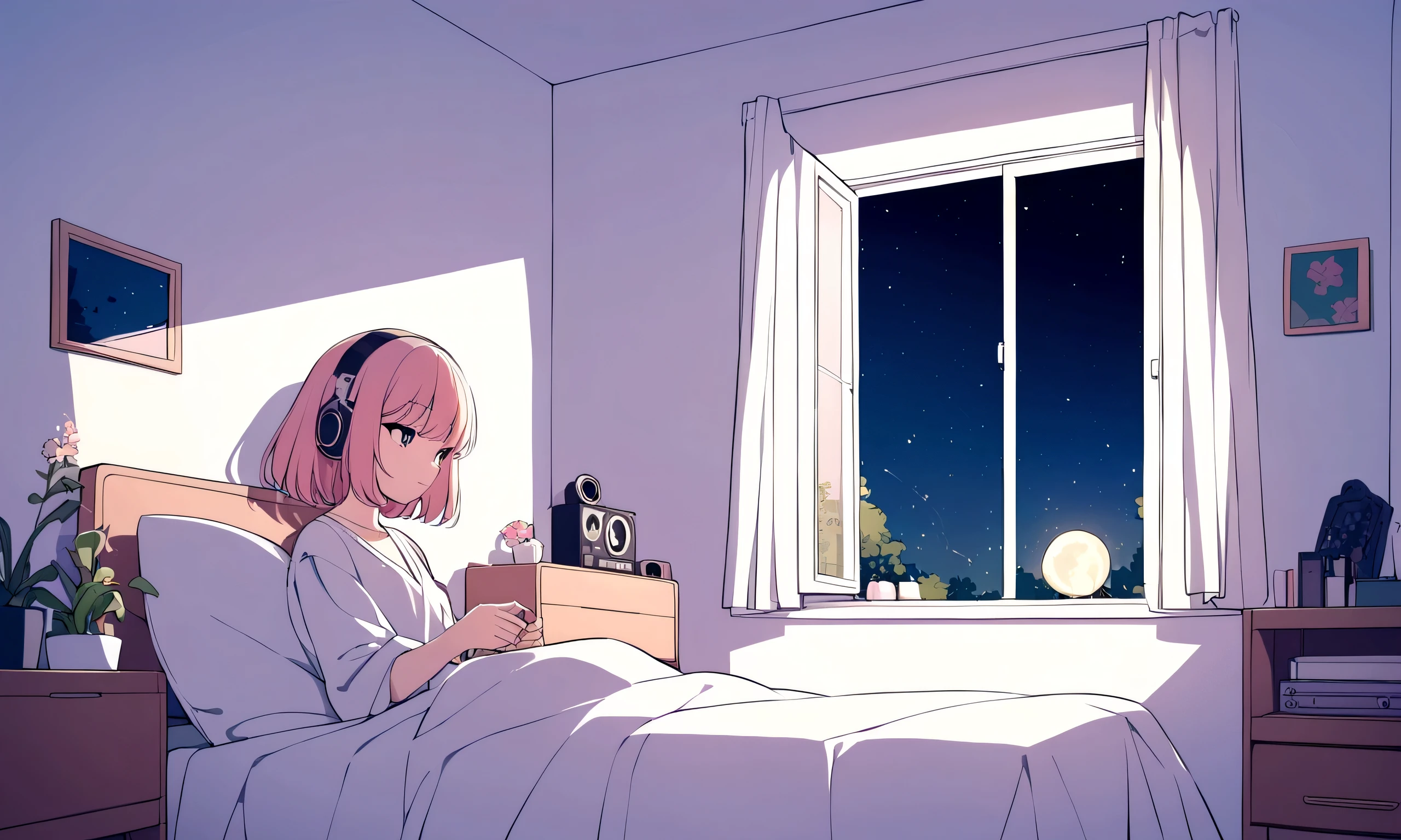 Lo-fi girl, listening to music, in her room looking out the window, gazing at the stars.

