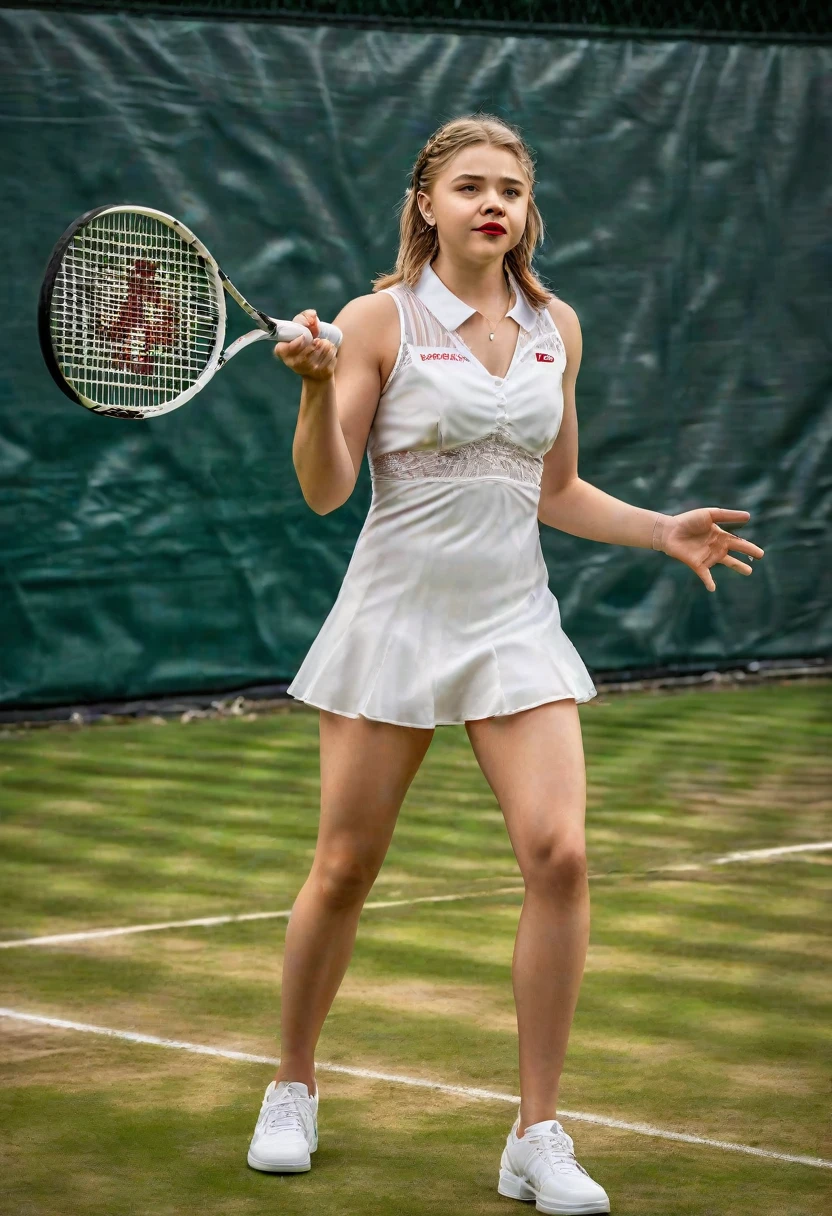 1girl, chloe moretz, full body, white tennis dress, sheer shiny shimmering silky tan pantyhose, 5inch black high heeled pumps, holding tennis racket, playing tennis on tennis court, wimbledon, red lipstick, long dangling earrings, extremely short hair with pigtails, glamour photo shoot, wide angle lens, 9:16 aspect ratio, best quality, 4k, 8k, highres, masterpiece:1.2, ultra-detailed, realistic, photorealistic, photo-realistic:1.37, HDR, studio lighting, ultra-fine painting, sharp focus, physically-based rendering, extreme detail description, professional, vivid colors, bokeh