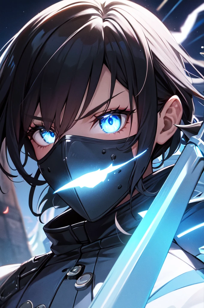 Anime Reality, detailed anime, anime styling, super verbose, high details, masterpiece, high quality, high resolution, 1man, anime male, intense face, black hair, black haired anime man, spiky hair, anime hair, glowing eyes, blue glowing eyes, blue eyes, dark skin, half covered mask, covering lower face, red mask, red face mask, action pose, lightning background, lightning aura, holding sword, bloody sword, looking at viewer, close shot, portrait, dark skinned, dark toned
