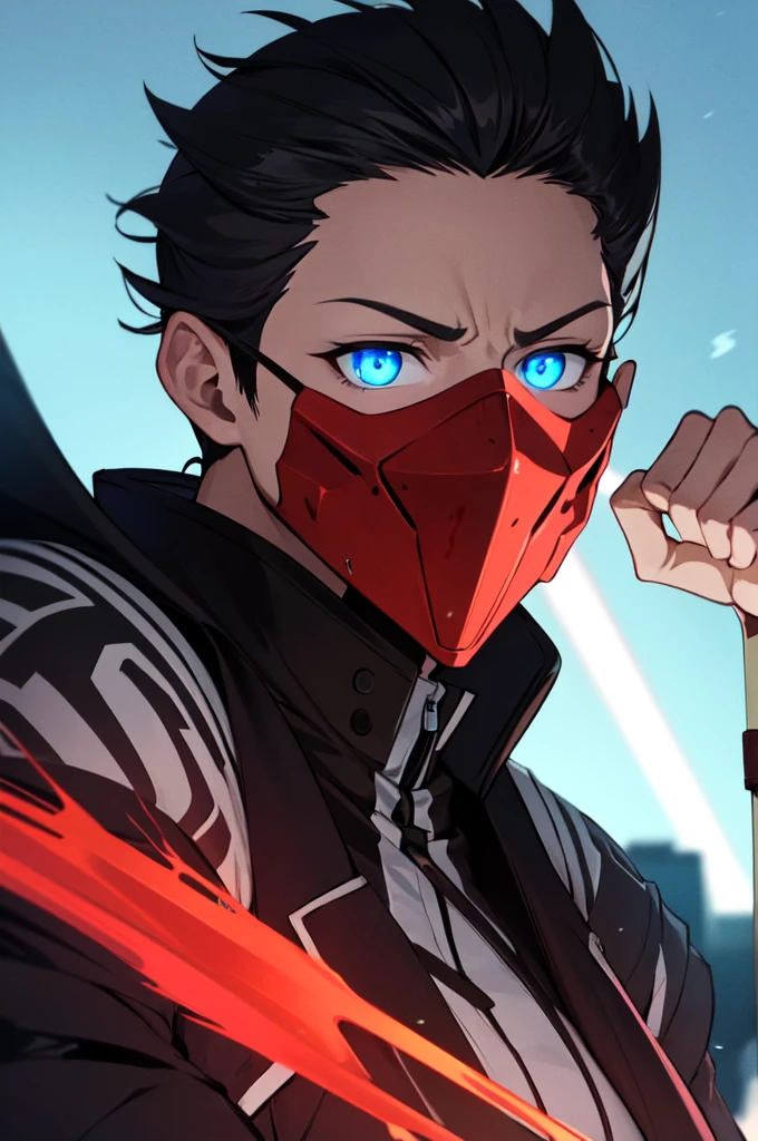 Anime Reality, detailed anime, anime styling, super verbose, high details, masterpiece, high quality, high resolution, 1man, anime male, intense face, black hair, black haired anime man, spiky hair, anime hair, glowing eyes, blue glowing eyes, blue eyes, dark skin, half covered mask, covering lower face, red mask, red face mask, action pose, lightning background, lightning aura, holding sword, bloody sword, looking at viewer, close shot, portrait, dark skinned, dark toned
