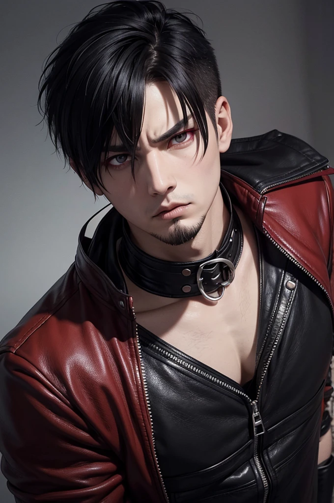 realistic style: round face, emo/goth man with short hair, with bright ¡¡RED EYES!!, long goatee and serious and intimidating expression, wearing leather clothing, muscular
