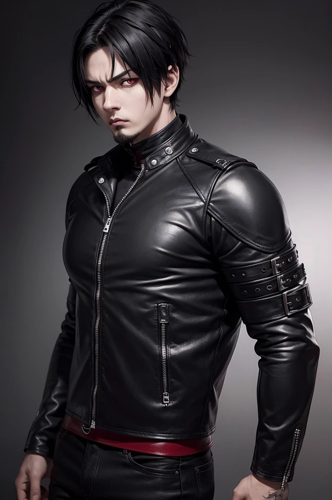 realistic style: round face, emo/goth man with short hair, with bright ¡¡RED EYES!!, long goatee and serious and intimidating expression, wearing leather clothing, muscular
