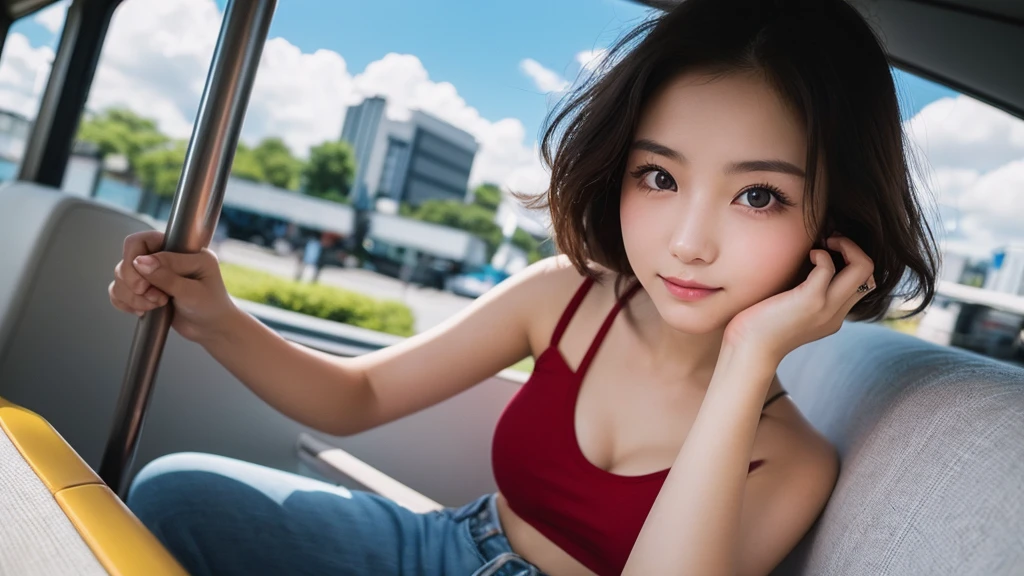 (1 Girl )、(Beautiful Japanese、18years old,round face、Refreshing、clear、seems kind、stylish、Pitiful、cute like an angel、cute、black eyes、(Single eyelid:1.3)、Beautiful skin), {(Japan human face:1.4),(General facial features)} , (((Beautiful breasts:0.4))),(((soft breasts))),(very cute),(short hair),(enchanting eyes),(highlight on eyes:1.2)、(8K、Live shooting、highest quality、masterpiece:1.2、optimal lighting)、((masterpiece)),(Photo taken by a professional photographer),(real、photo real:1.4),BREAK,{(white Tank top shirt), (jean shorts)},(cheeks are red:1.3), BREAK, BREAK,Face shot:1.3、 face close-up,Looking at viewer,Smile:1.4、Japan、Summer、from above、bus stop,Blue sky, cumulonimbus clouds,(((1970s vibe)))、Hands clasped behind back,dynamic angle