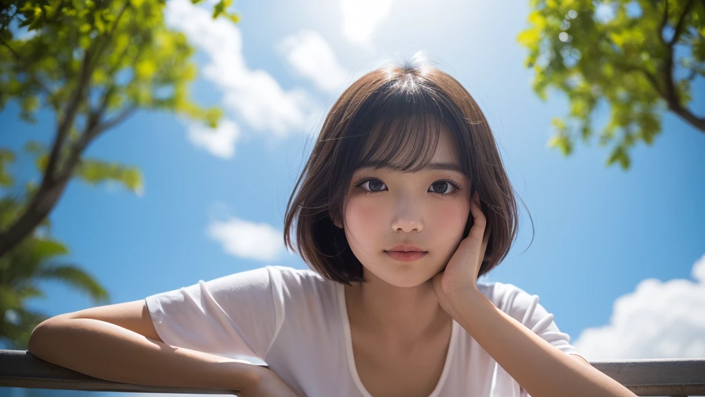 (1 Girl )、(Beautiful Japanese、18years old,round face、Refreshing、clear、seems kind、stylish、Pitiful、cute like an angel、cute、black eyes、(Single eyelid:1.3)、Beautiful skin), {(Japan human face:1.4),(General facial features)} , (((Beautiful breasts:0.4))),(((soft breasts))),(very cute),(short hair),(enchanting eyes),(highlight on eyes:1.2)、(8K、Live shooting、highest quality、masterpiece:1.2、optimal lighting)、((masterpiece)),(Photo taken by a professional photographer),(real、photo real:1.4),BREAK,{(white Tank top shirt), (jean shorts)},(cheeks are red:1.3), BREAK, BREAK,Face shot:1.3、 face close-up,Looking at viewer,Smile:1.4、Japan、Summer、from above、bus stop,Blue sky, cumulonimbus clouds,(((1970s vibe)))、Hands clasped behind back,dynamic angle