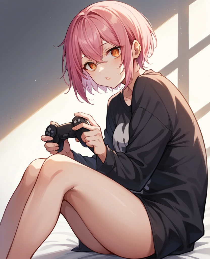 One Woman、Pink Hair、Hairstyle、Shortcuts、Orange eyes、Slanted Eyes、whole body、sit、Knees together、Inner thighs、Holding a game controller、View the viewer、indoor、Dim lighting, Pink Hair, short hair, Crossed bangs, Food, Food up, tsurime, Orange eyes, Part your lips, From the side, Ultra-high resolution, Super detailed