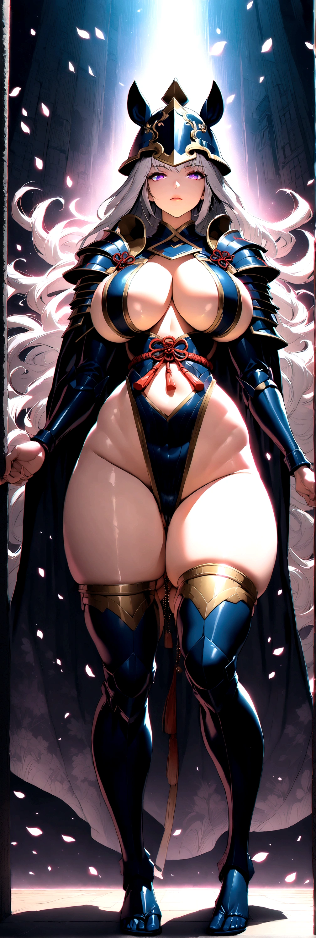 Hot asian warrior queen, ((fit)), strong, (((japanese))), (japanese facial features), (japanese body shape), glossy eyes, ((((beautiful)))), looking straight, sexy, (serious expression), stoic, ((oriental)), ((hyper sexualized)), raunchy, hourglass body, ((sexy)), (((mostly naked))), from the front, holding a spear, ((perfect)), (feminine), walking dramatically, hips swaying, bottomless, gold belly chain, japanese armored corset, japanese armored thigh highs, japanese armored sleeves, camel toe, naked sexy hips, japanese breast curtain, japanese high rise thong, japanese billowing cape, japanese armored shoulder pads, japanese helmet, voluptuous round juicy , underboob, voluptuous round ass, wide naked hips, hip cleavage, full shapely body, curvy, ornate japanese jewelry, vibrant aura, smooth shiny skin, (sexy lighting), cherry blossom battle background, smooth clean lines, ultra textured, ultra detailed, highest resolution, maximum quality, max detail, vivid colors, max texture, energetic composition, dramatic lighting, crystal clear, d perspective, high contrast, seamlessly blended, photorealistic rendering, chromatic aberration, subpixel precision, bokeh effect depth art, anamorphic perspective, hdr high dynamic range, spectral color graded, photometric lighting