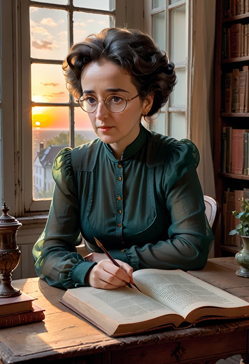 The philosopher Hanna Arendt looks sadly at a book on an antique table and she, near a window that announces the sunset.