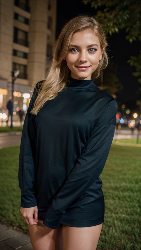 Lily Bowman), posing, modeling, with navy casual outfit design, full body, park, in the night, sexy smile, best quality, blur night background with Green Eyes, , Ultra Realistic, Meticulously Detailed, Portrait, Blonde Hair and Big Eyes, Selfie of a Young Woman, Green Eyes, No Makeup, Natural Makeup, Looking Directly at the Camera, face artgram, subtle make-up, Impressive photo, stand, with sexy smile, Medium and large size chest, allowing the face to be seen clearly, mall, park.