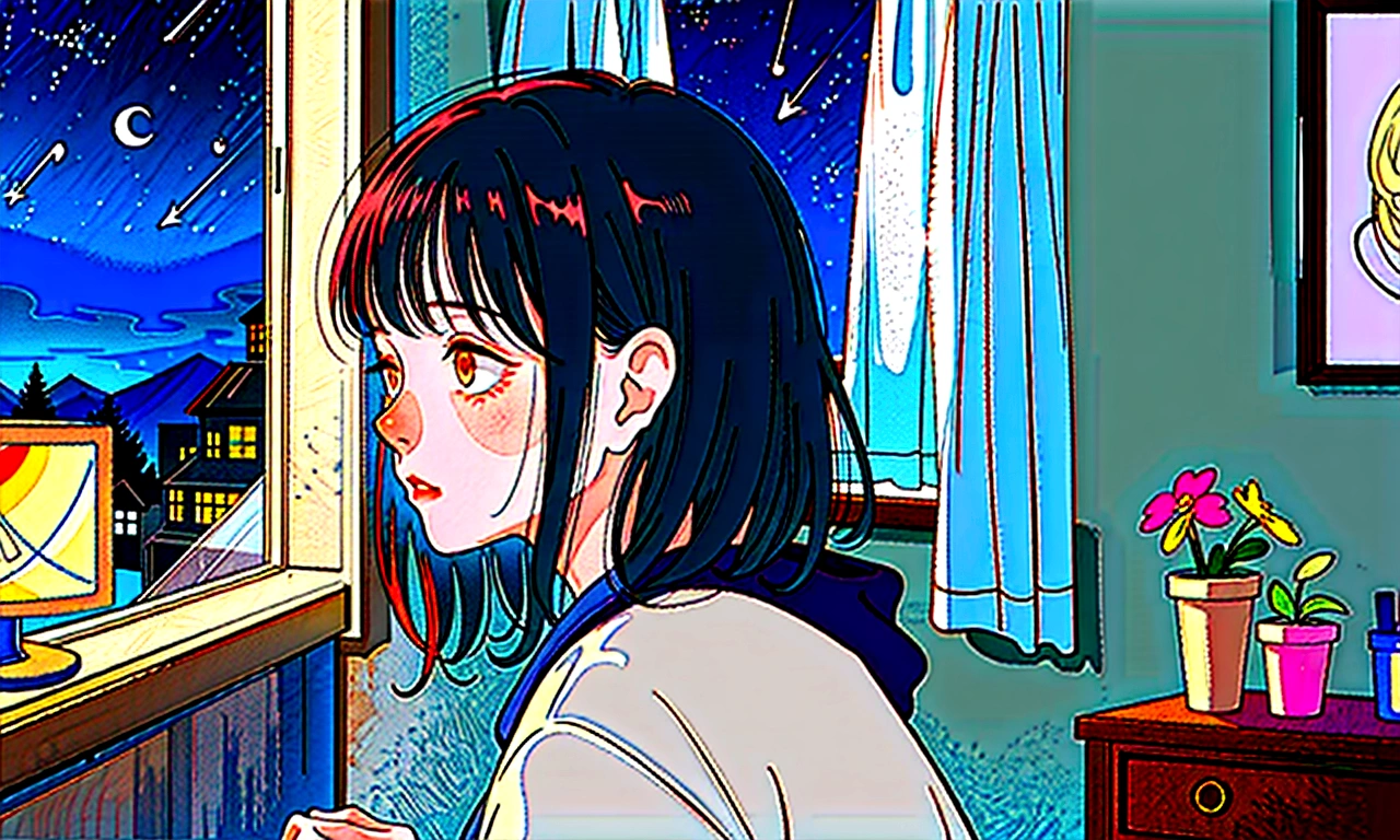 Lo-fi girl, listening to music, in her room looking out the window, gazing at the stars.

