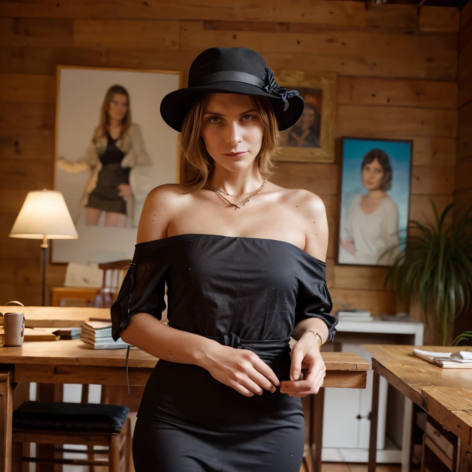 1woman LaGermania posing in identical clothes as Jeanne Hébuterne in front of Jeanne Hébuterne with Hat and Necklace. LaGermania stands in a modest, early 20th-century Parisian painter’s atelier, with rough wooden floors and whitewashed walls. The atelier is lit by large, north-facing windows that provide soft, diffused light. She wears a simple yet elegant, dark blue dress with a high waistline and a wide-brimmed black hat adorned with a simple ribbon. Her dress is made of fine wool with subtle, hand-stitched details, and she wears a delicate, beaded necklace. The background includes the Jeanne Hébuterne with Hat and Necklace painting, framed in a simple, rustic wooden frame. The room is sparsely furnished with a wooden easel, a cluttered worktable, and a few mismatched chairs. LaGermania’s pose is introspective and calm, her gaze directed towards the painter, capturing the artistic spirit and creative energy of early 20th-century Paris.