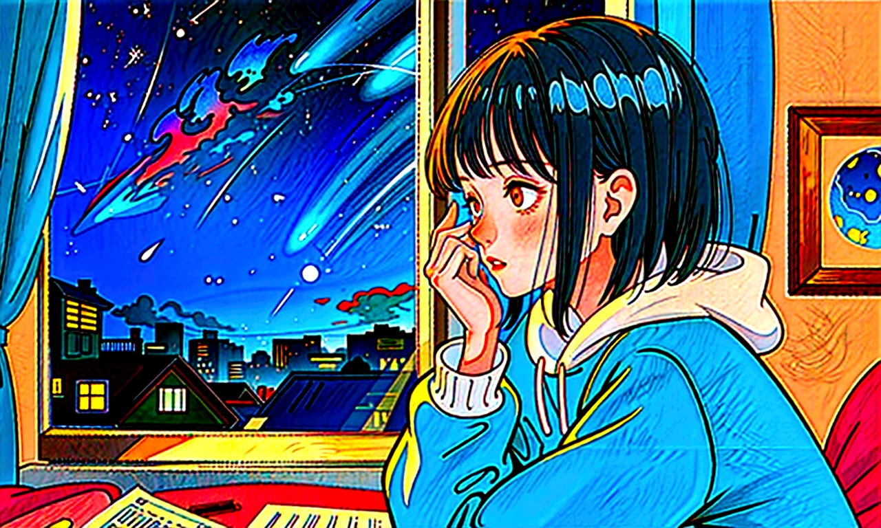 Lo-fi girl, listening to music, in her room looking out the window, gazing at the stars.
