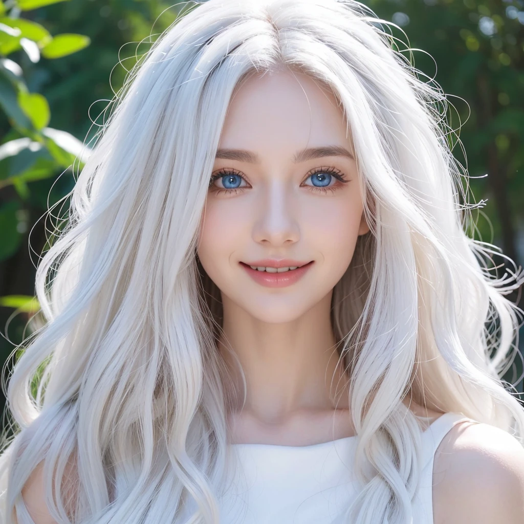 1 woman, White long curly hair,Natural and beautiful hair, clean and beautiful. White hair. Close lips. Blue natural eyes. Smile, happy.