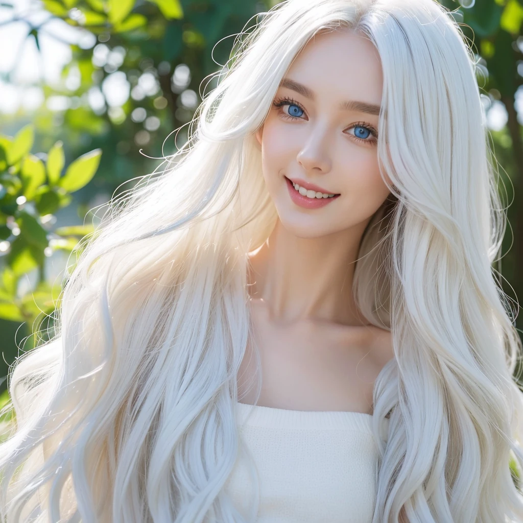 1 woman, White long curly hair,Natural and beautiful hair, clean and beautiful. White hair. Close lips. Blue natural eyes. Smile, happy.