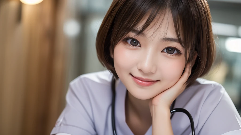 (1 Girl )、(Beautiful Japanese、24years old,round face、Refreshing、clear、seems kind、stylish、Pitiful、cute like an angel、cute、black eyes、(Single eyelid:1.3)、Beautiful skin), {(Japan human face:1.4),(General facial features)} , (((Beautiful breasts:0.4))),(((soft breasts))),(very cute),(short hair),(enchanting eyes),(highlight on eyes:1.2)、(8K、Live shooting、highest quality、masterpiece:1.2、optimal lighting)、((masterpiece)),(Photo taken by a professional photographer),(real、photo real:1.4),BREAK,((taraditional nurse uniform))),,{(White nurse tight pants)},(cleavage:0.5)},( smile:1.2),(cheeks are red:1.3), break, hospital,Face shot:1.3、looking at viewer, face close-up,Looking up、,(((1970s vibe)))、Hands clasped behind back,dynamic angle