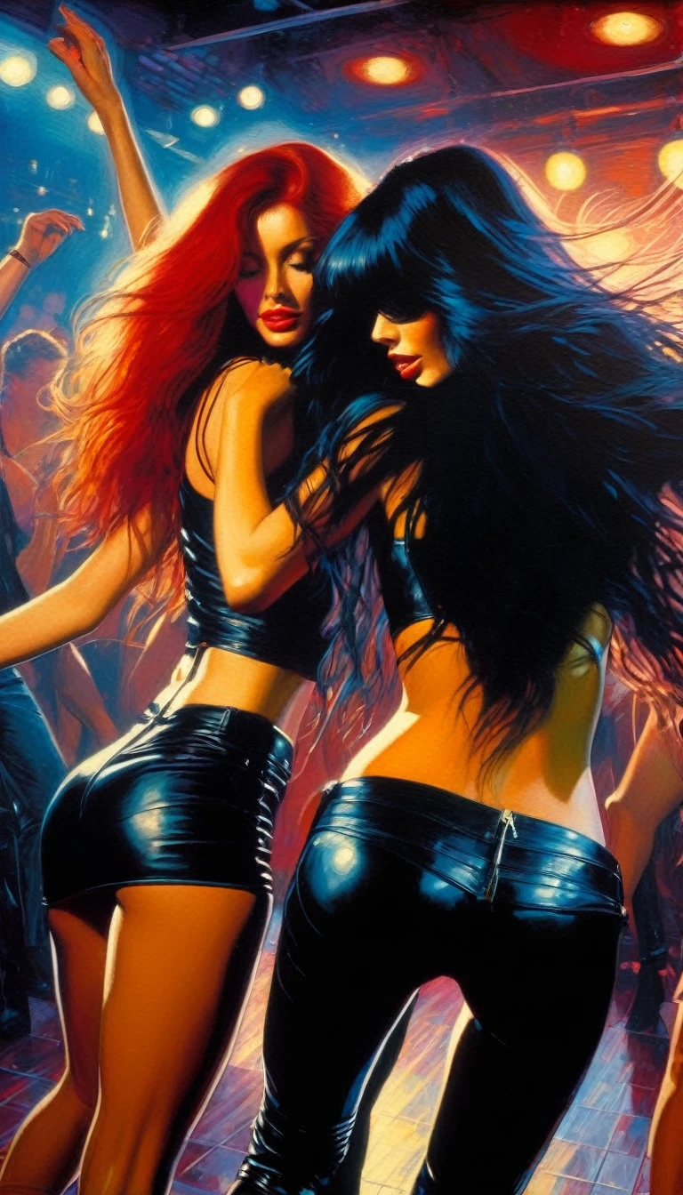 A beautiful girl with long red hair and a girl with long black hair, both wearing sexy leather , dancing affectionately on a nightclub dance floor, (art inspired by Bill Sienkiewicz), oil painting, best quality, 4k, 8k, highres, masterpiece:1.2, ultra-detailed, realistic,
