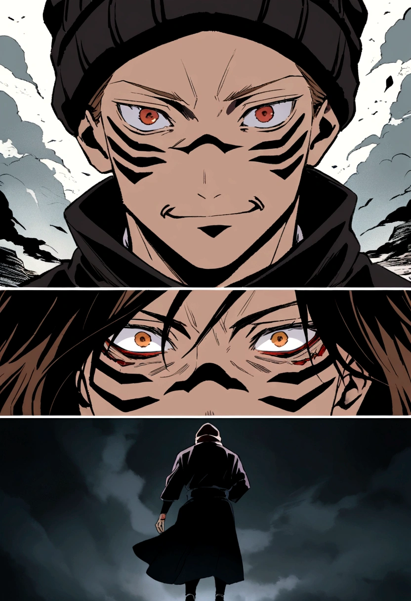 an image split in 2 vertically , On the left side there is Sukuna from Jujutsu Kaisen with an evil face and on the right side a boy with medium-long brown hair, black clothes with a beanie hat, symmetrical image anime