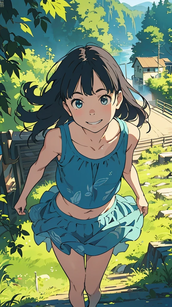 reasonable design, Clear lines, High Sharpness, (highest quality,8K,Perfect sharpness,Ultra fine,High resolution,masterpiece:1.2), Perfect Anatomy:1.5, Official Art, Illustrations that tell a story, (Whitish background:0. 9)、Body Positivity、More Mr.Physical expression、(Random and mischievous poses)、Perfect beauty、Perfect beautiful face、Strong winds、A rich expression、Dynamic composition、smile、Golden ratio composition、colorful、(Mr.Different angles and perspectives)、anime art、mini skirt、(Overcoming stereotypes)、 Glowing Skin、(Natural beauty)、smile、bangs、Straight Hair、(Soft and flowing hair)、(Rural Scenery)、(Nostalgic atmosphere)、Insert up to the thighs、(Playful and carefree)、(More Mr.Ethnic characters)、(innocent attitude)、(Sunny atmosphere)、Skirt flipped up、(Bright colors)、Belly button exposed、Beautiful Eyes、A skirt fluttering in the wind、Put it in to your feet、Some composition patterns、Tank top、Angle from above、sensuous、Geometric pattern、