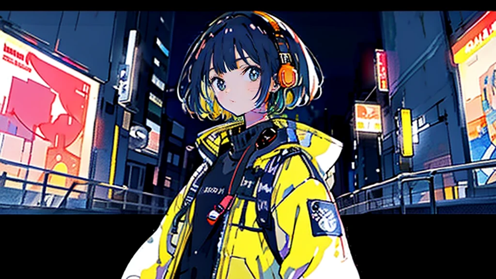 Black short Hair, Black Clothing, One Adult Woman Looking Sideways ,Blue headphones、 Delicate background、Masterpiece、night、dark、Nostalgic、night lighting、Inside the room、You can see Tokyo Tower