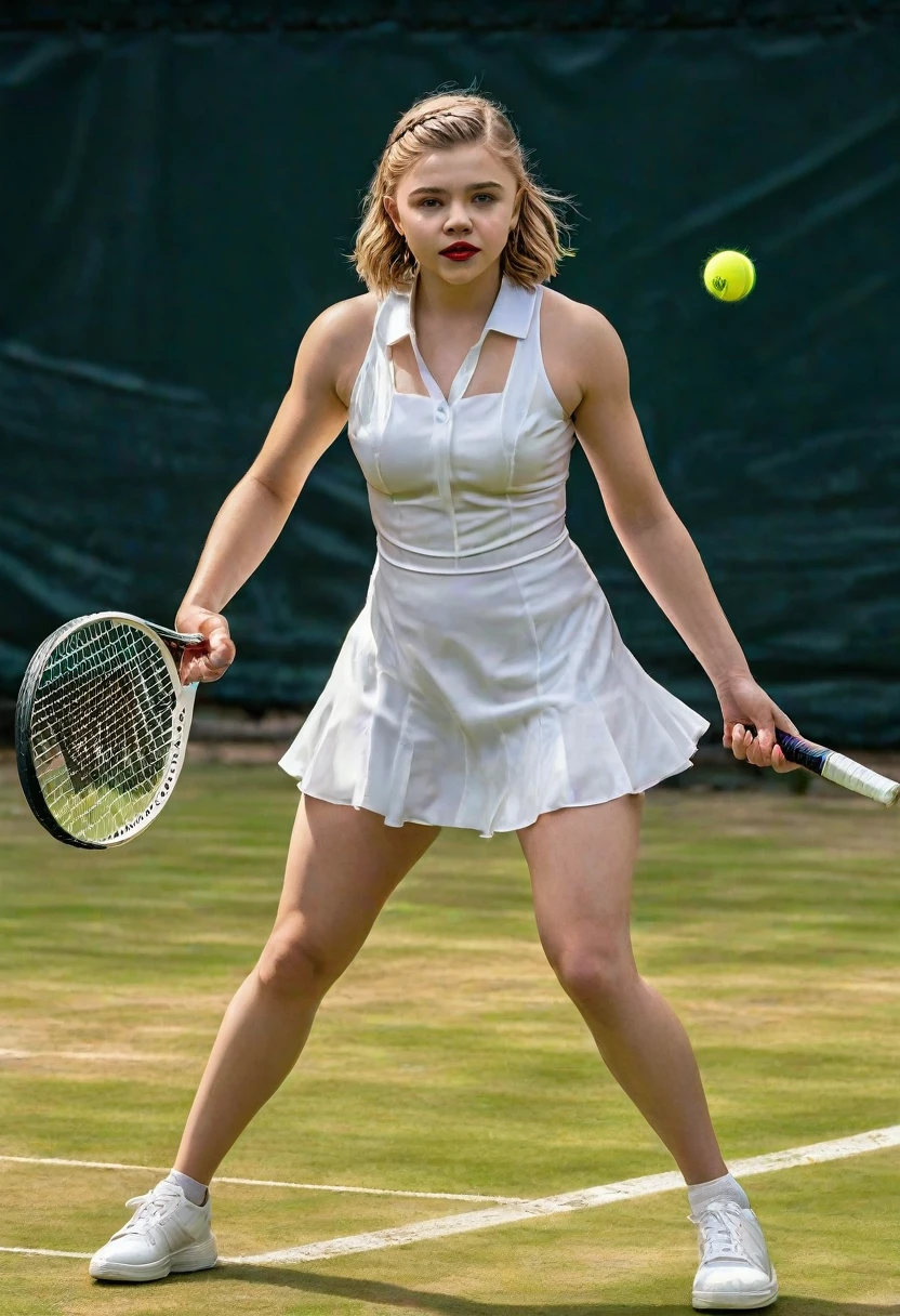 1girl, chloe moretz, full body, white tennis dress, sheer shiny shimmering silky tan pantyhose, 5inch black high heeled pumps, holding tennis racket, playing tennis on tennis court, wimbledon, red lipstick, long dangling earrings, extremely short hair with pigtails, glamour photo shoot, wide angle lens, 9:16 aspect ratio, best quality, 4k, 8k, highres, masterpiece:1.2, ultra-detailed, realistic, photorealistic, photo-realistic:1.37, HDR, studio lighting, ultra-fine painting, sharp focus, physically-based rendering, extreme detail description, professional, vivid colors, bokeh
