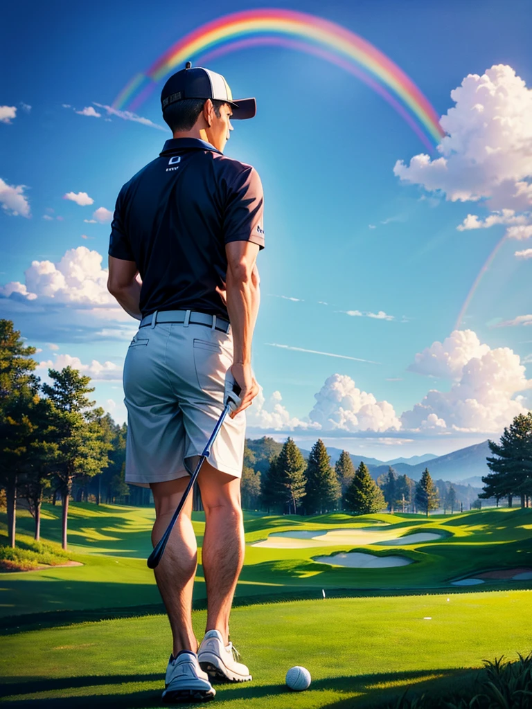 Highest quality,Highest Resolution,Uncle playing golf,Scenic golf course,rainbow,