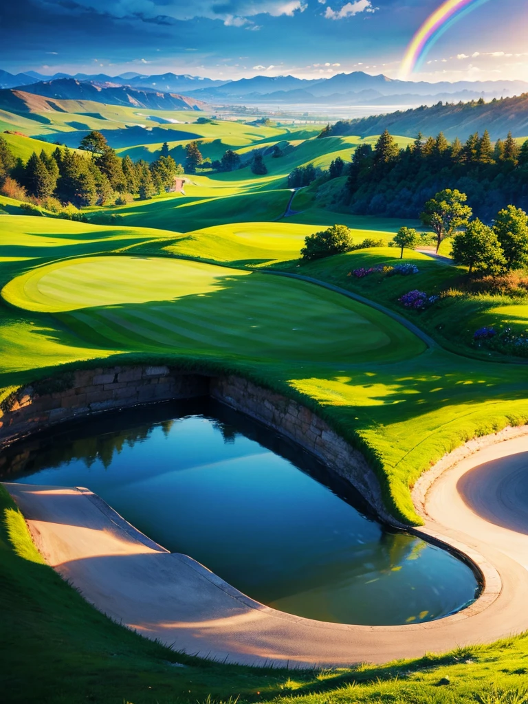 Highest quality,Highest Resolution,Uncle playing golf,Scenic golf course,rainbow,