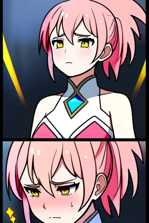 girl, pink hair in a ponytail, gold eyes, magic girl short clothes, tired face, blush, hurt, hentai.